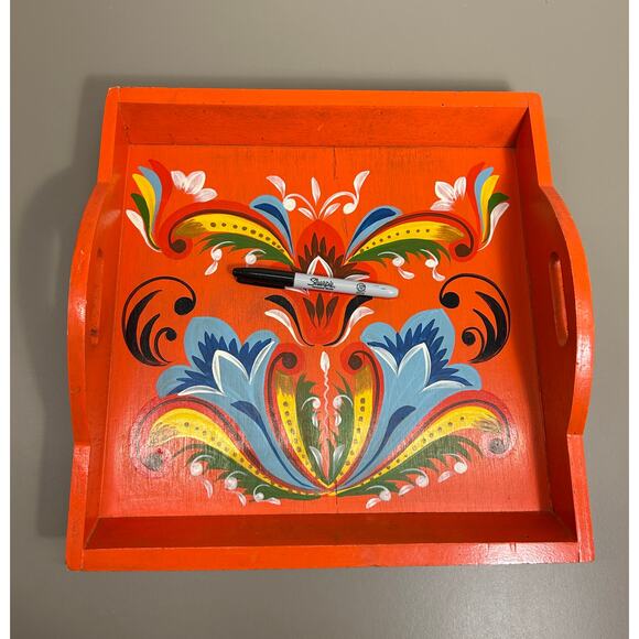 Scandinavian Folk Art - Hand-Painted Wooden Tray, Dala Orange Floral Rosemaling - Picture 3 of 6